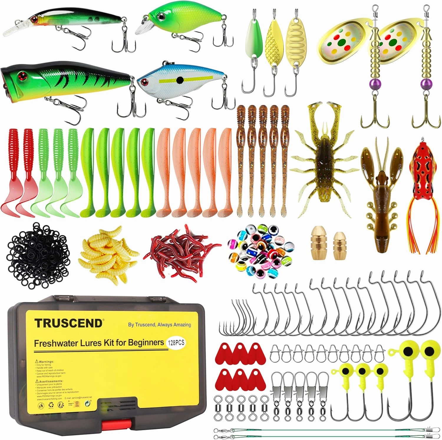 TRUSCEND Widely Used Fishing Tackle & Accessories Kit, Fishing Tackle Box with Tackle Included, Fishing Sinker Weight Hook Swivels Snap Leader Lures, Giftable Beginner Fishing Lures/Gear Set