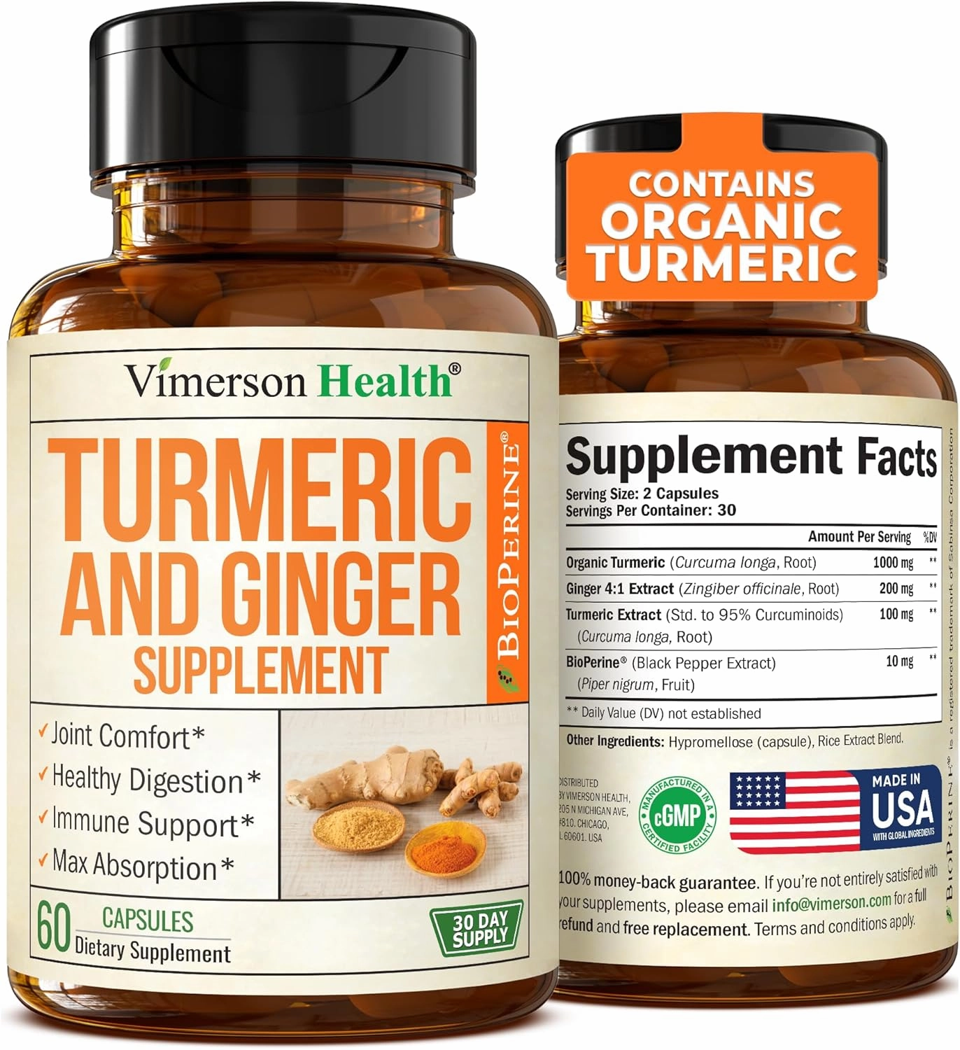 Turmeric Supplement with Ginger Root for Joint & Digestion Support - Turmeric Curcumin Supplement 95% Curcuminoids. Contains Organic Tumeric with Black Pepper (Bioperine) for Max Absorption. 60 Caps