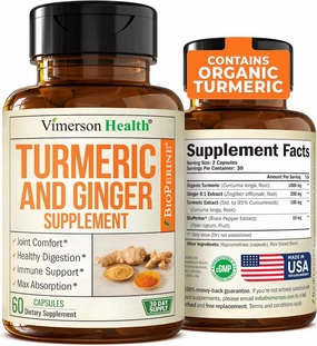 Turmeric Supplement with Ginger Root for Joint & Digestion Support - Turmeric Curcumin Supplement 95% Curcuminoids. Contains Organic Tumeric with Black Pepper (Bioperine) for Max Absorption. 60 Caps