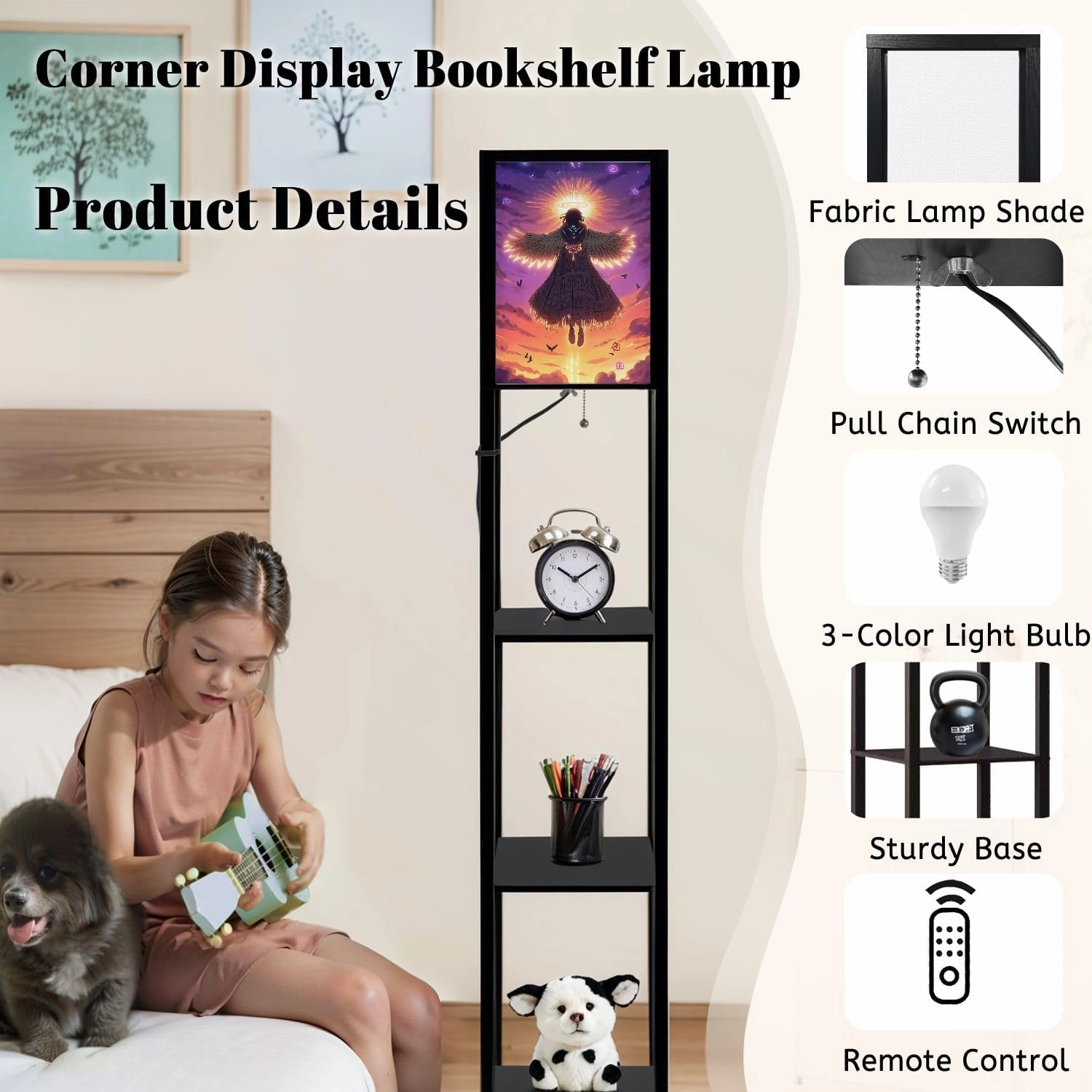 Twilight Angel Illustration Dance Birds Spirituality Floor Lamps with Shelves, Modern Standing Lamp Narrow Corner Display Bookshelf Lamp for Living Room, Bedroom, Office Decor