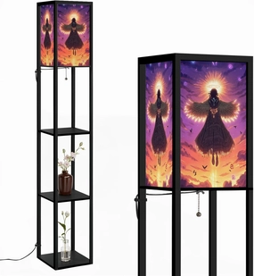 Twilight Angel Illustration Dance Birds Spirituality Floor Lamps with Shelves, Modern Standing Lamp Narrow Corner Display Bookshelf Lamp for Living Room, Bedroom, Office Decor