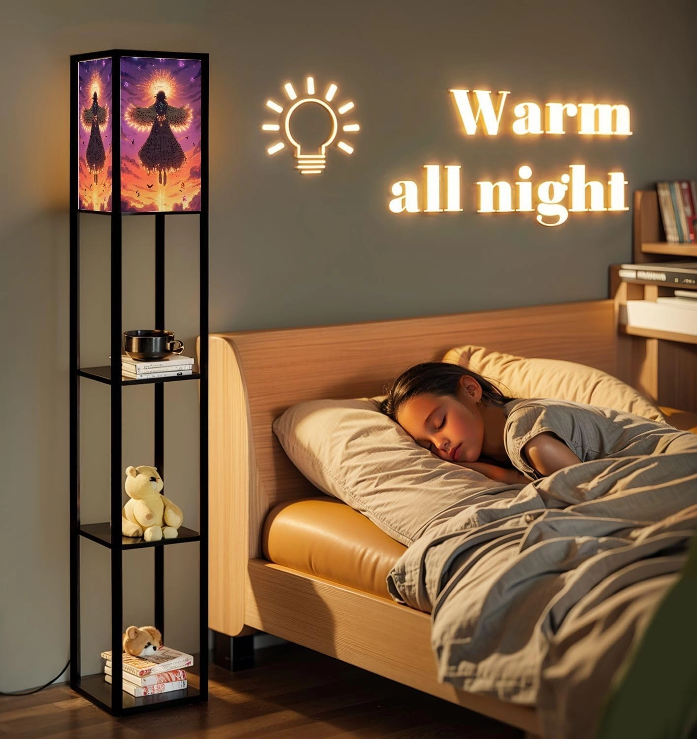 Twilight Angel Illustration Dance Birds Spirituality Floor Lamps with Shelves, Modern Standing Lamp Narrow Corner Display Bookshelf Lamp for Living Room, Bedroom, Office Decor