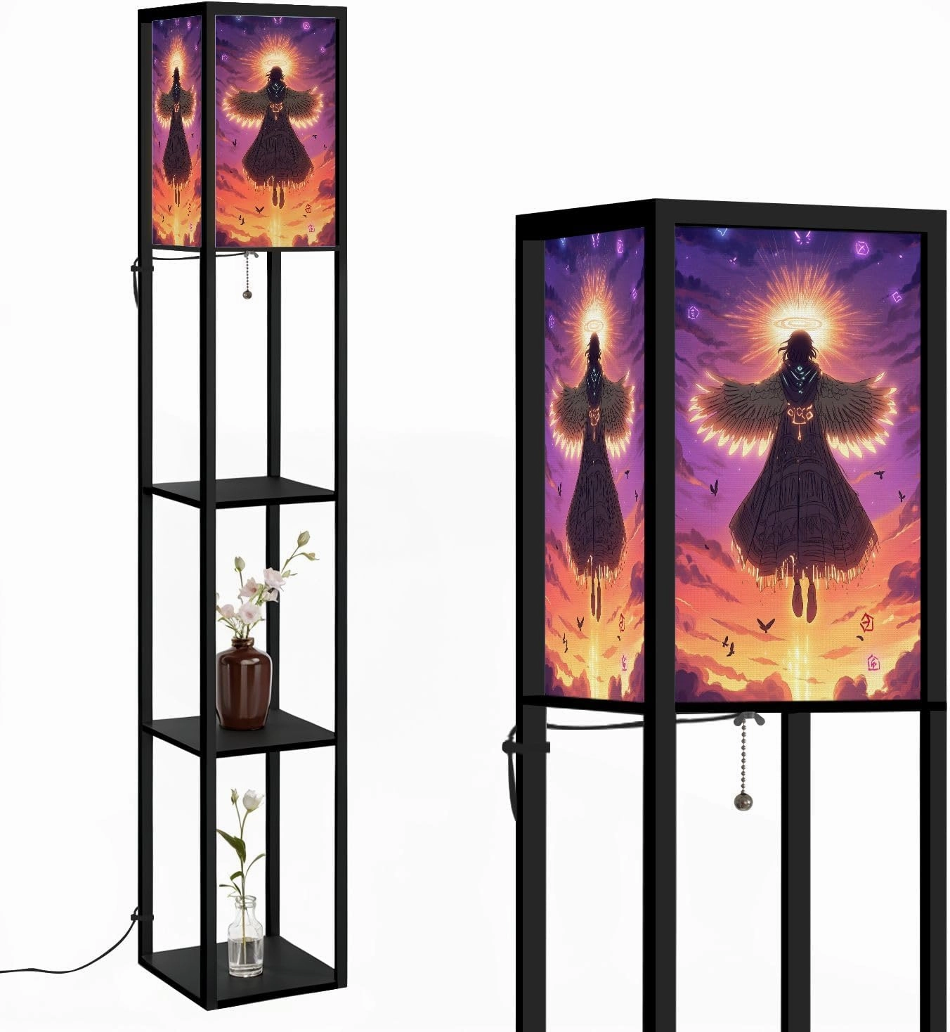 Twilight Angel Illustration Dance Birds Spirituality Floor Lamps with Shelves, Modern Standing Lamp Narrow Corner Display Bookshelf Lamp for Living Room, Bedroom, Office Decor