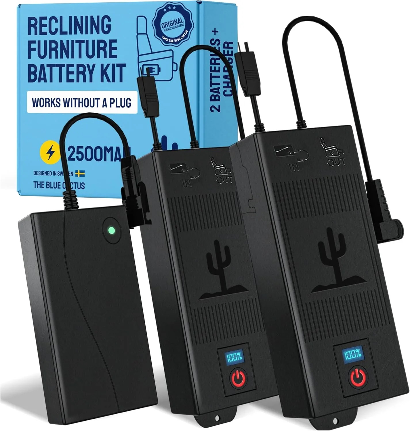 Two Universal Battery Packs for Reclining Furniture with LCD Display - Wireless 2500mAh Rechargeable Battery Packs with One Charger and Power Cord Combo