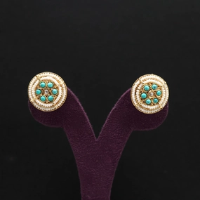 Two Line Chakra Pearl Jadau Kundan Stud Earrings - Turquoise
