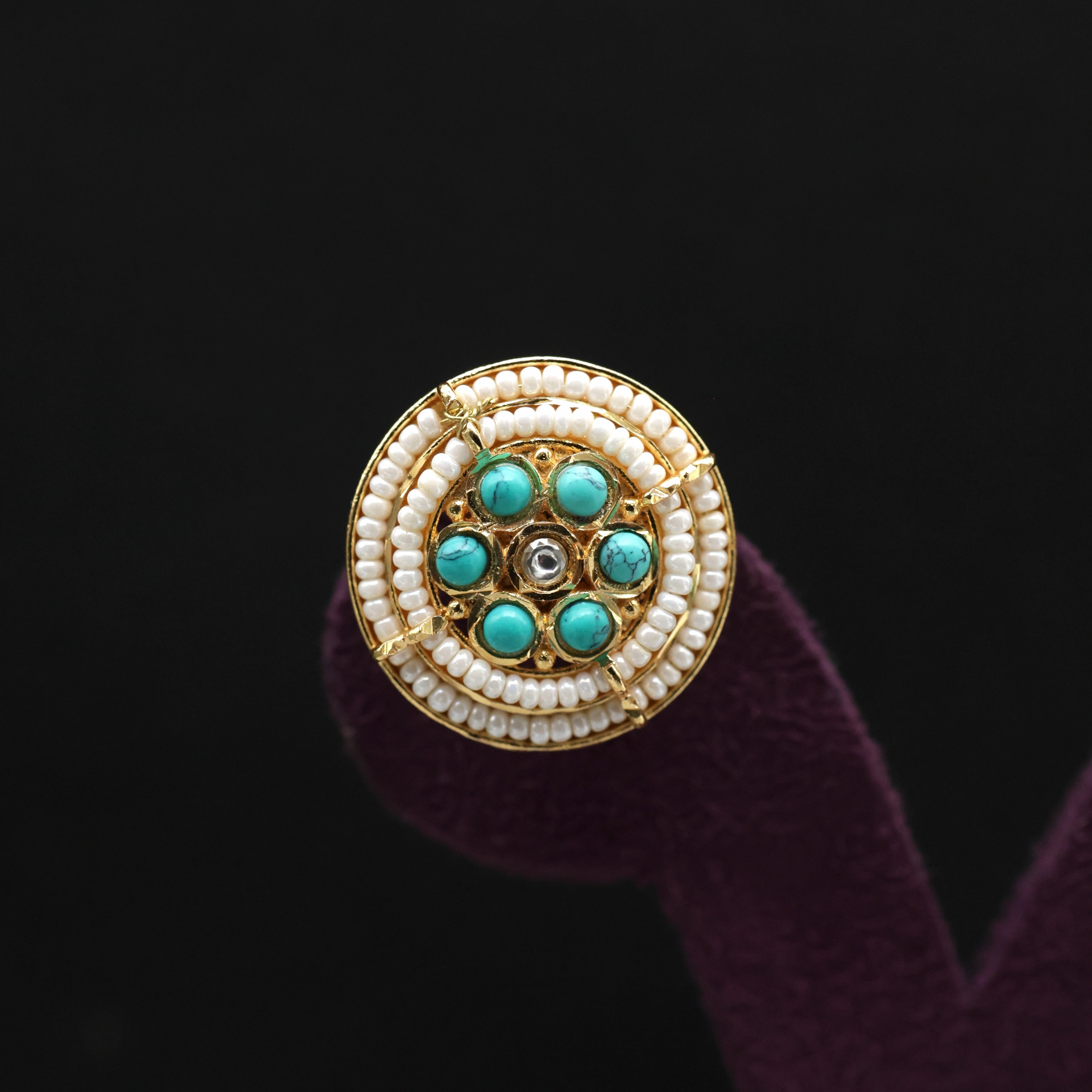 Two Line Chakra Pearl Jadau Kundan Stud Earrings - Turquoise
