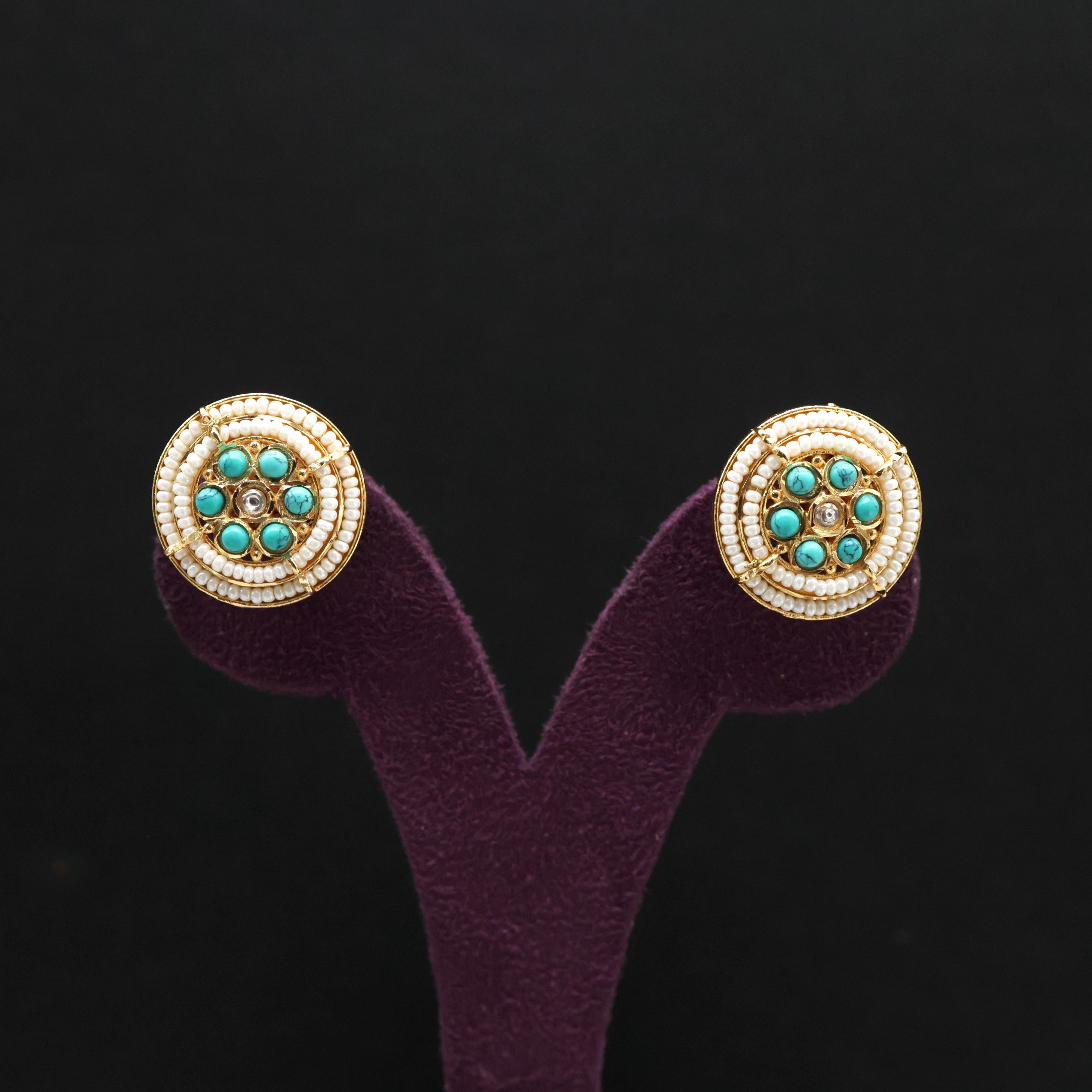 Two Line Chakra Pearl Jadau Kundan Stud Earrings - Turquoise