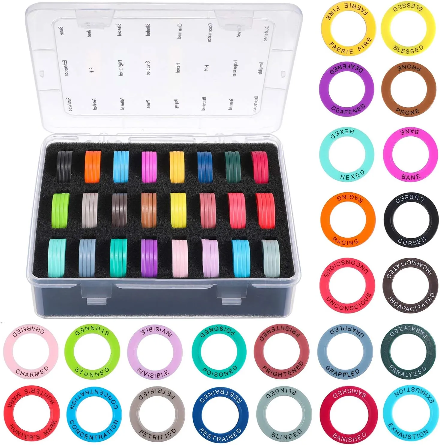 Upgraded ALIZERO DND Miniatures Condition Rings - 96 D&D Status Effect Markers in 24 Frequently Used Conditions - Pathfinder and Dungeons & Dragons Accessories - Premium Storage Box with Foam Padding
