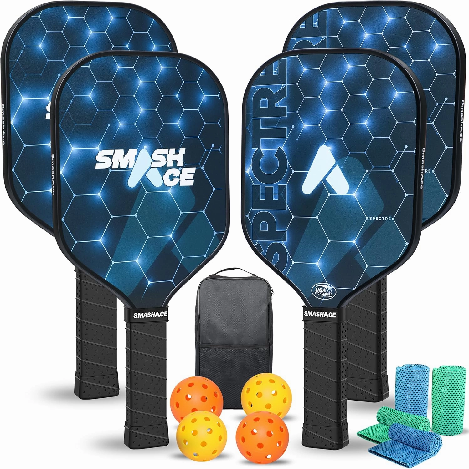 USAPA Approved Pickleball Paddles Set, Lightweight Fiberglass Pickleball Racket with 4 Cooling Towels, 4 Balls, and Portable Carry Bag | Beginner & Pro Pickleball Set for Men and Women