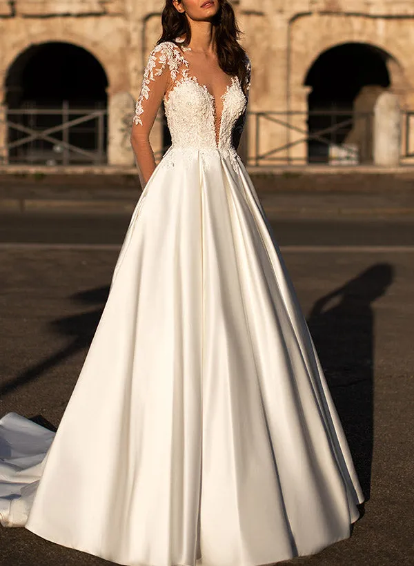 V Neck Long Sleeves Satin Wedding Dress With Appliques Lace
