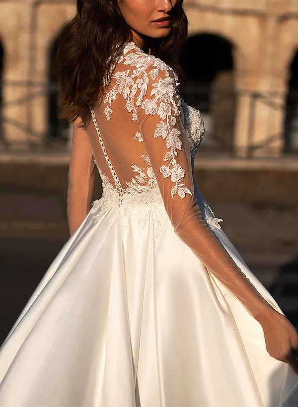 V Neck Long Sleeves Satin Wedding Dress With Appliques Lace