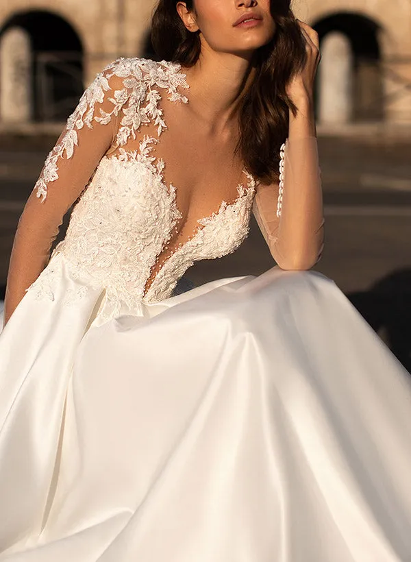 V Neck Long Sleeves Satin Wedding Dress With Appliques Lace