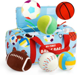 Vanmor Sensory Sports Balls for Babies 6-12M , 6 Pack Machine Washable Plush Ball Set with Crinkle, Rattles, Squeaky Sounds, Toddler Learning Toys, Portable Travel Bag, Baby Shower Toy for Newborn