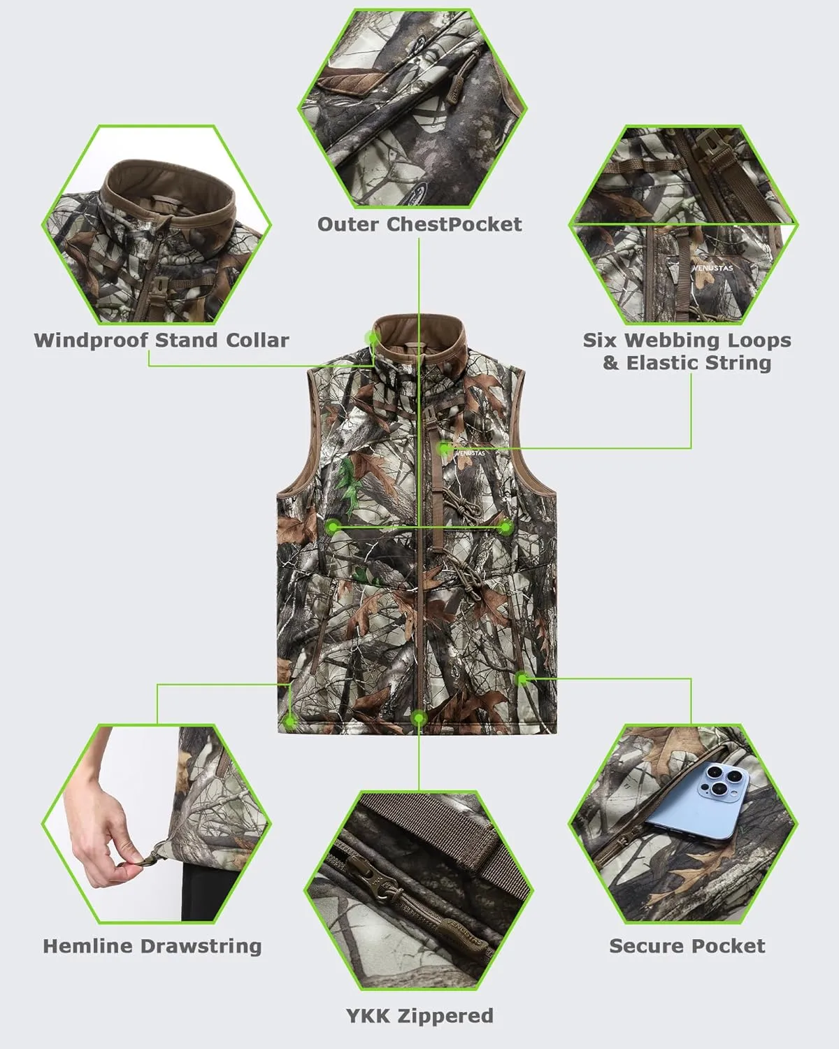 Venustas Heated Hunting Vest For Men, 20-Hour Runtime, Rechargeable Heated Camo Vest with Battery Included