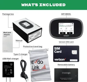 Verizon Wireless Jetpack Inseego MiFi 8800L | Mobile Hotspot for Travel | 4G Mobile Portable WiFi | LTE Cat18 Up to 1 Gbps | Usage Up to 24 Hours | EVDO-LINK Bundle - Verizon Sim Card