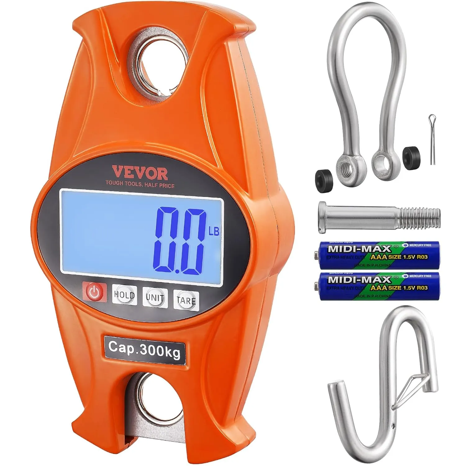 VEVOR Digital Crane Scale, Industrial Heavy Duty Hanging Scale with Cast Aluminum Case & LCD Screen, Handheld Mini Crane Scale with Hooks for Farm, Hunting, Fishing, Outdoor, 660 lbs/300 kg (Orange)