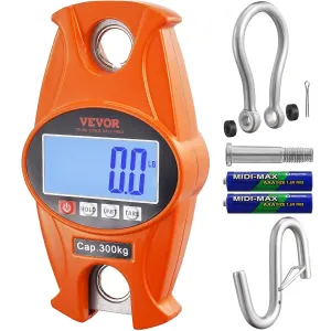 VEVOR Digital Crane Scale, Industrial Heavy Duty Hanging Scale with Cast Aluminum Case & LCD Screen, Handheld Mini Crane Scale with Hooks for Farm, Hunting, Fishing, Outdoor, 660 lbs/300 kg (Orange)