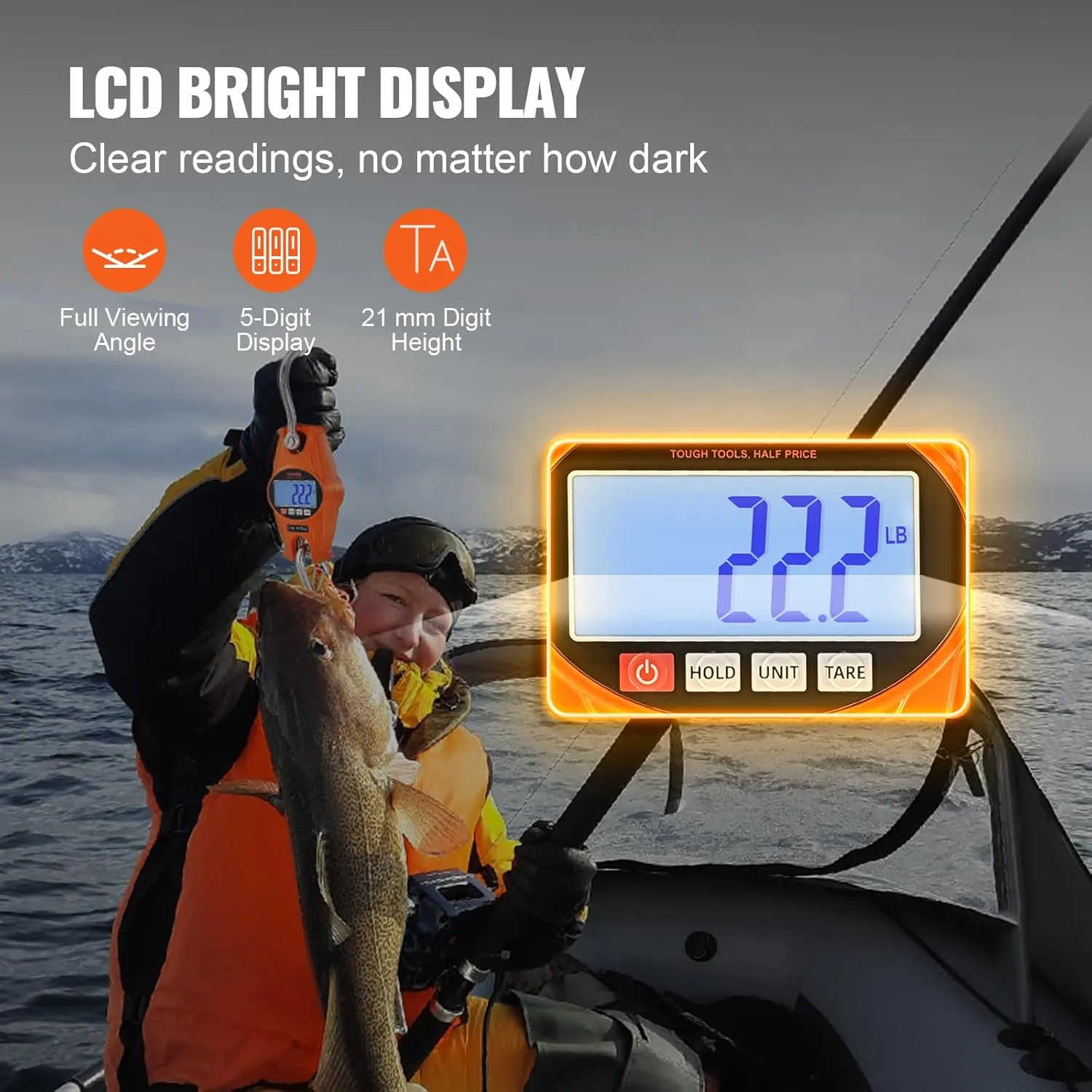 VEVOR Digital Crane Scale, Industrial Heavy Duty Hanging Scale with Cast Aluminum Case & LCD Screen, Handheld Mini Crane Scale with Hooks for Farm, Hunting, Fishing, Outdoor, 660 lbs/300 kg (Orange)