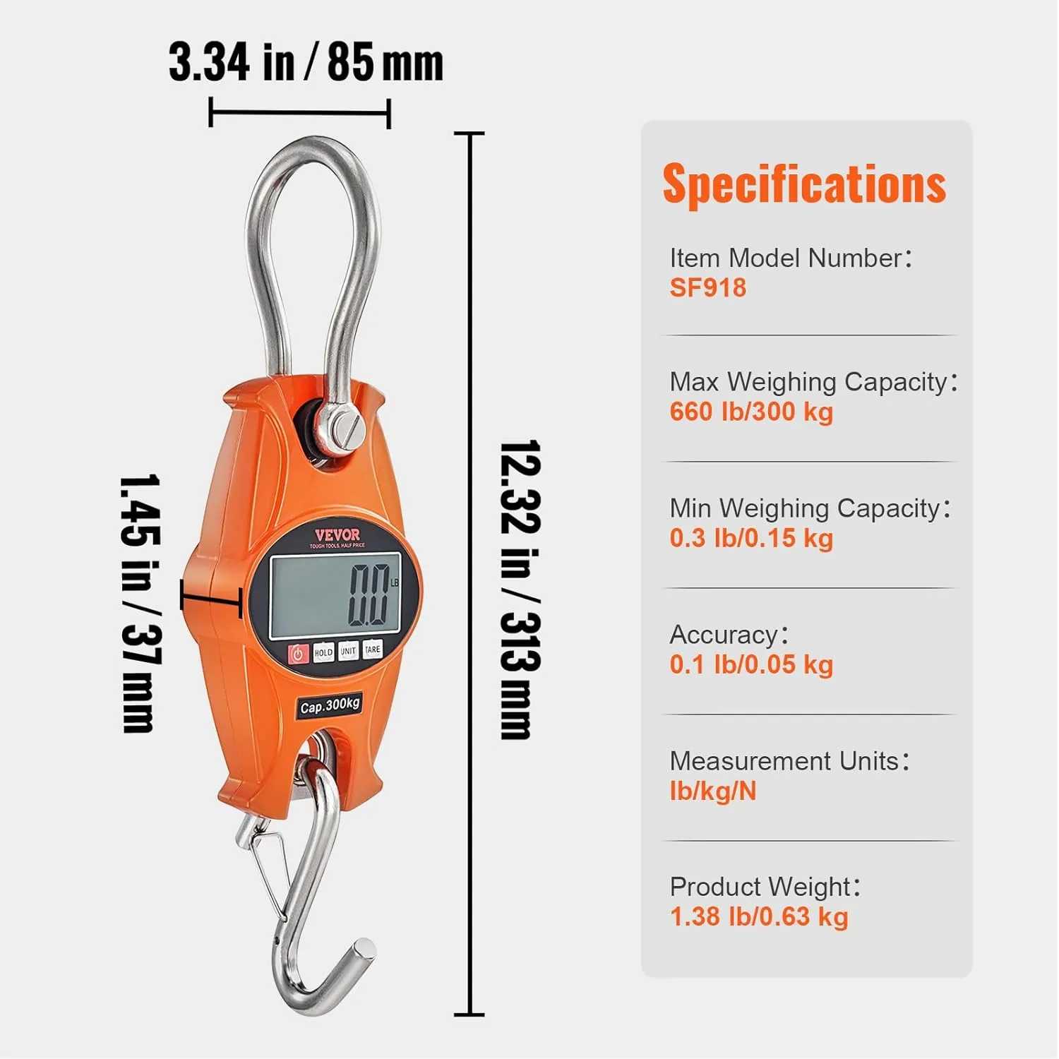 VEVOR Digital Crane Scale, Industrial Heavy Duty Hanging Scale with Cast Aluminum Case & LCD Screen, Handheld Mini Crane Scale with Hooks for Farm, Hunting, Fishing, Outdoor, 660 lbs/300 kg (Orange)