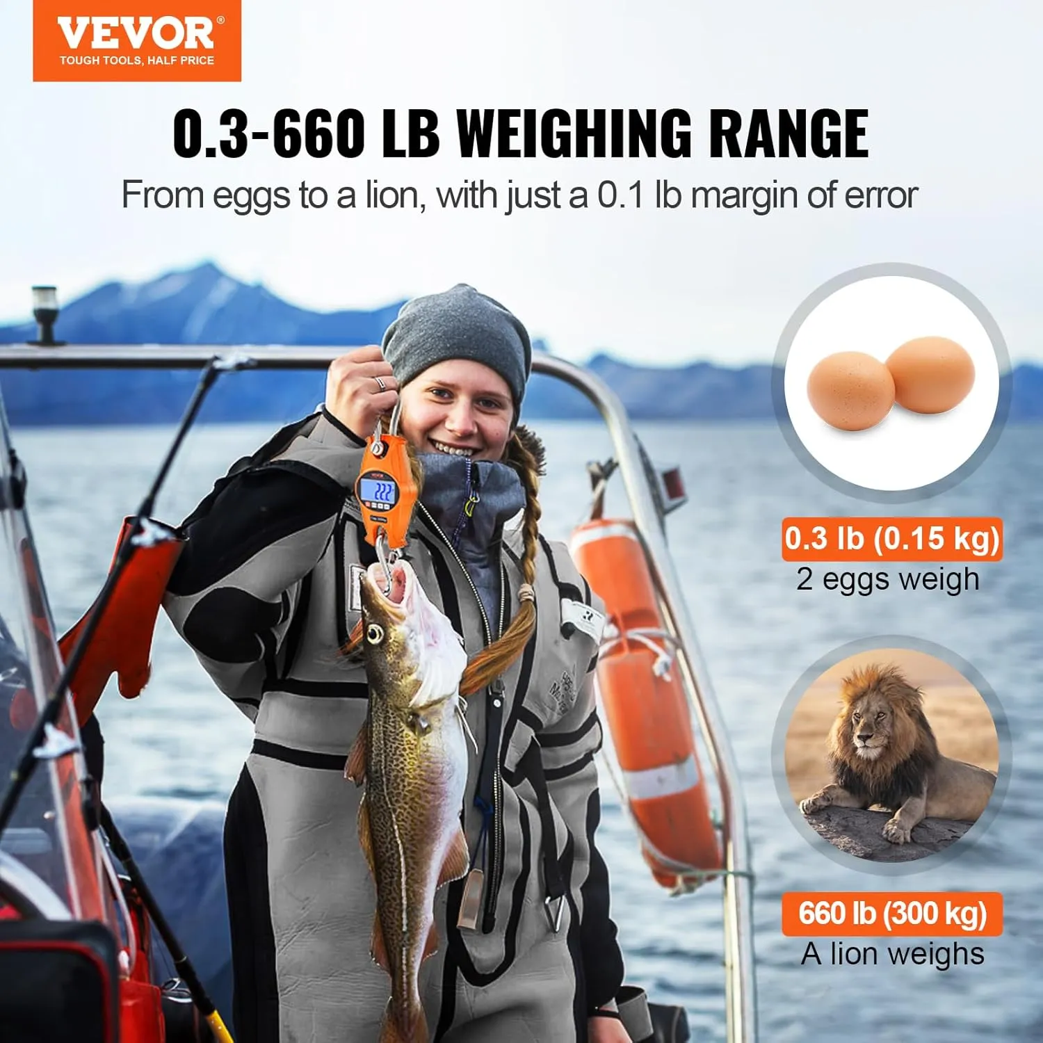 VEVOR Digital Crane Scale, Industrial Heavy Duty Hanging Scale with Cast Aluminum Case & LCD Screen, Handheld Mini Crane Scale with Hooks for Farm, Hunting, Fishing, Outdoor, 660 lbs/300 kg (Orange)
