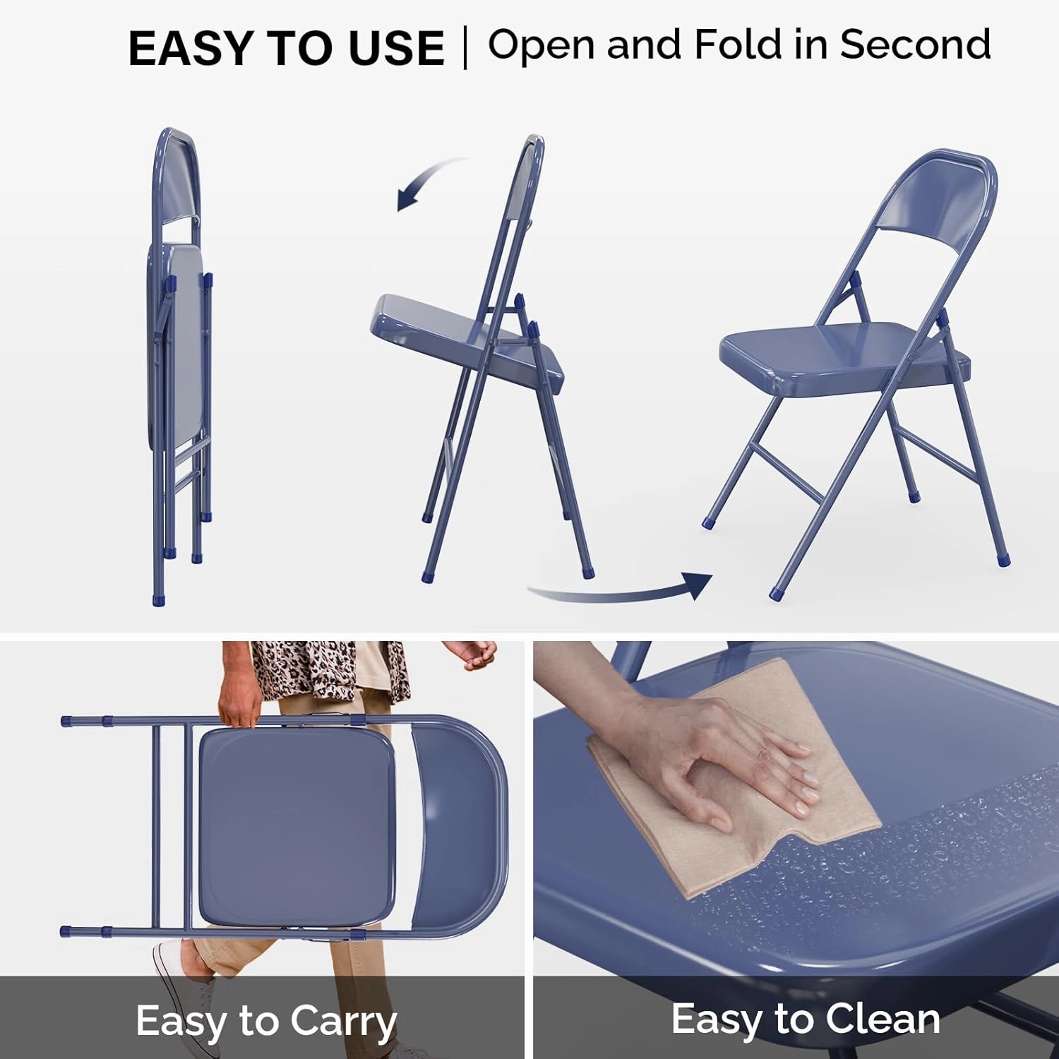 VINGLI Folding Chairs All Steel Metal Frame, Capacity 350 lbs, Durable Portable and Versatile for Indoor Outdoor Use, Darkblue, Set of 8