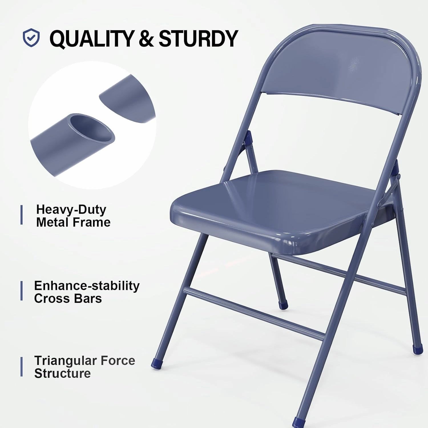 VINGLI Folding Chairs All Steel Metal Frame, Capacity 350 lbs, Durable Portable and Versatile for Indoor Outdoor Use, Darkblue, Set of 8