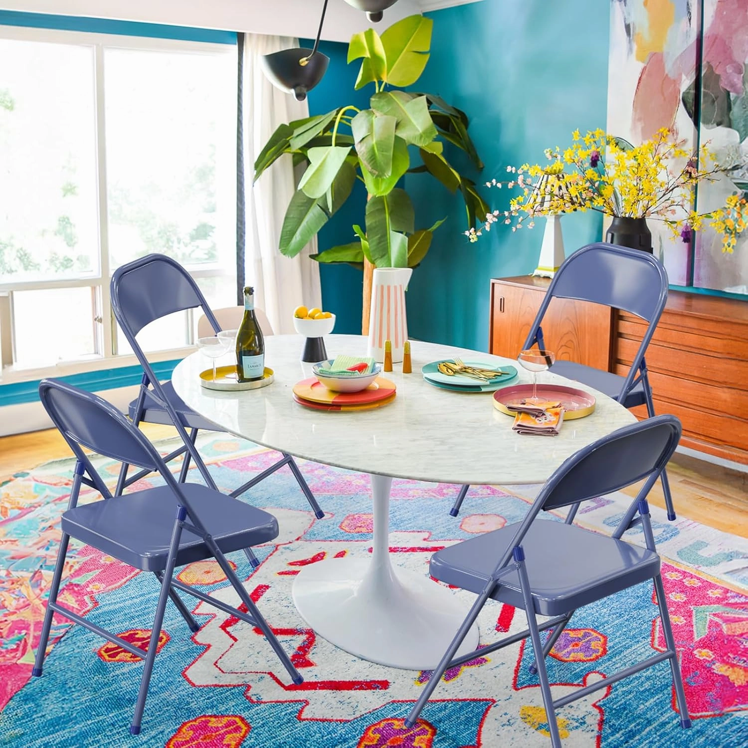 VINGLI Folding Chairs All Steel Metal Frame, Capacity 350 lbs, Durable Portable and Versatile for Indoor Outdoor Use, Darkblue, Set of 8