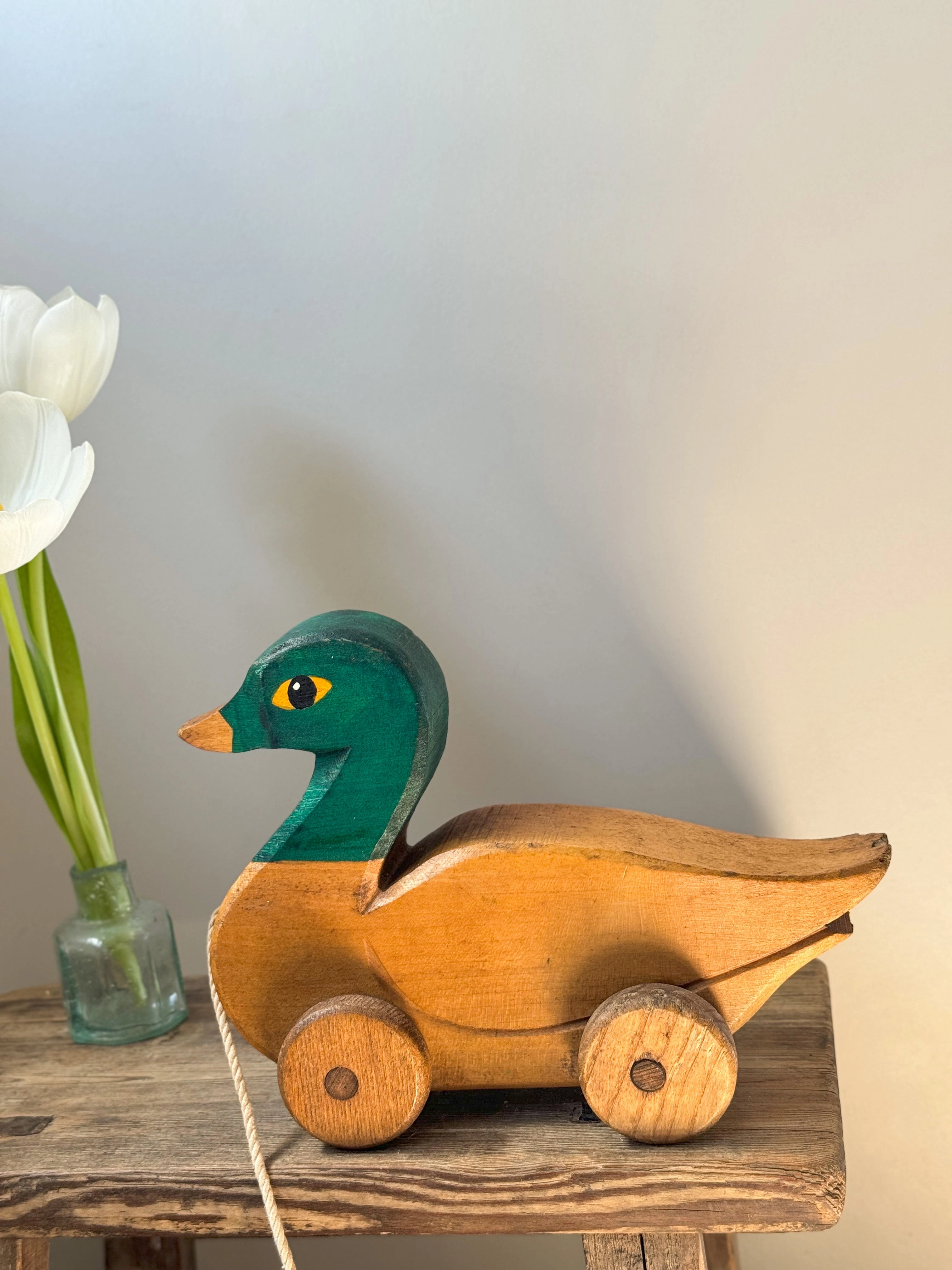 Vintage 1950s Handmade Wooden Pull Along Duck Toy