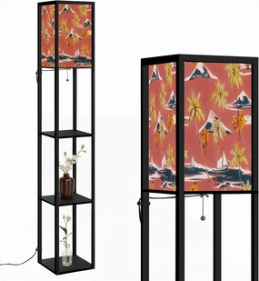 Vintage Beautiful seamless island Landscape palm trees beach ocean Floor Lamps with Shelves, Modern Standing Lamp Narrow Corner Display Bookshelf Lamp for Living Room, Bedroom, Office Decor
