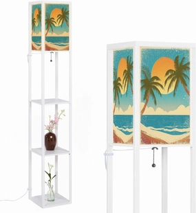 Vintage nature tropical island sea sun palms old paper texture Raster Floor Lamps with Shelves, Modern Standing Lamp Narrow Corner Display Bookshelf Lamp for Living Room, Bedroom, Office Decor