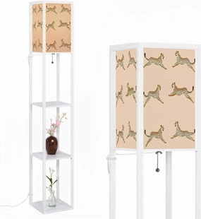 Vintage Running Cheetah Animal Seamless Pattern Pink Exotic Floor Lamps with Shelves, Modern Standing Lamp Narrow Corner Display Bookshelf Lamp for Living Room, Bedroom, Office Decor