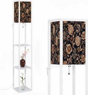 Vintage Seamless Pattern Floral Black Gold Flowers Herbs Leaves Floor Lamps with Shelves, Modern Standing Lamp Narrow Corner Display Bookshelf Lamp for Living Room, Bedroom, Office Decor