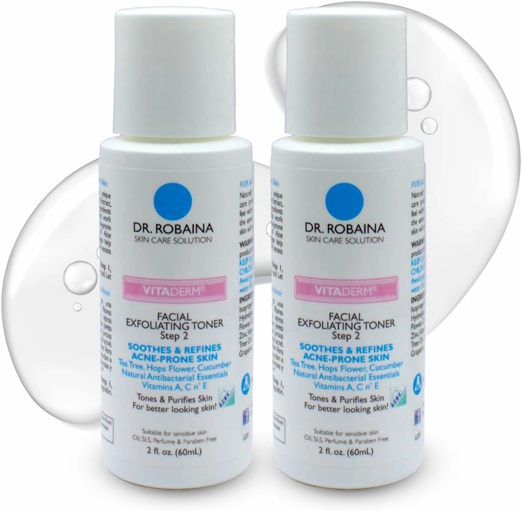 VITADERM™ Step 2 Exfoliating Toner for Acne Reduction, Redness Relief & Skin Refinement with Tea Tree, Hops Flower & Vitamins A, C & E, by Dr. Robaina, Made in The USA, 2 fl. oz (Pack of 2)