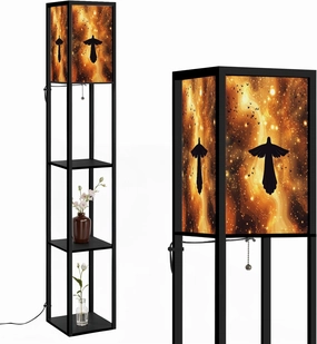 Vivid Cartoon Angel Amongst Celestial Motifs Canvas Floor Lamps with Shelves, Modern Standing Lamp Narrow Corner Display Bookshelf Lamp for Living Room, Bedroom, Office Decor