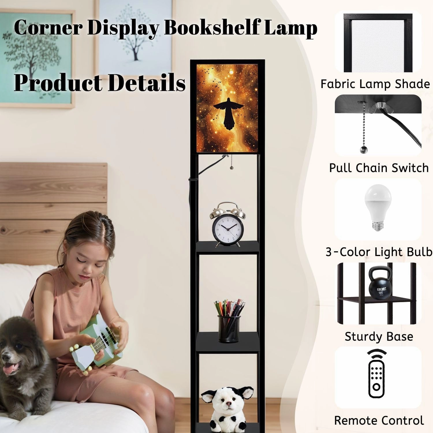 Vivid Cartoon Angel Amongst Celestial Motifs Canvas Floor Lamps with Shelves, Modern Standing Lamp Narrow Corner Display Bookshelf Lamp for Living Room, Bedroom, Office Decor