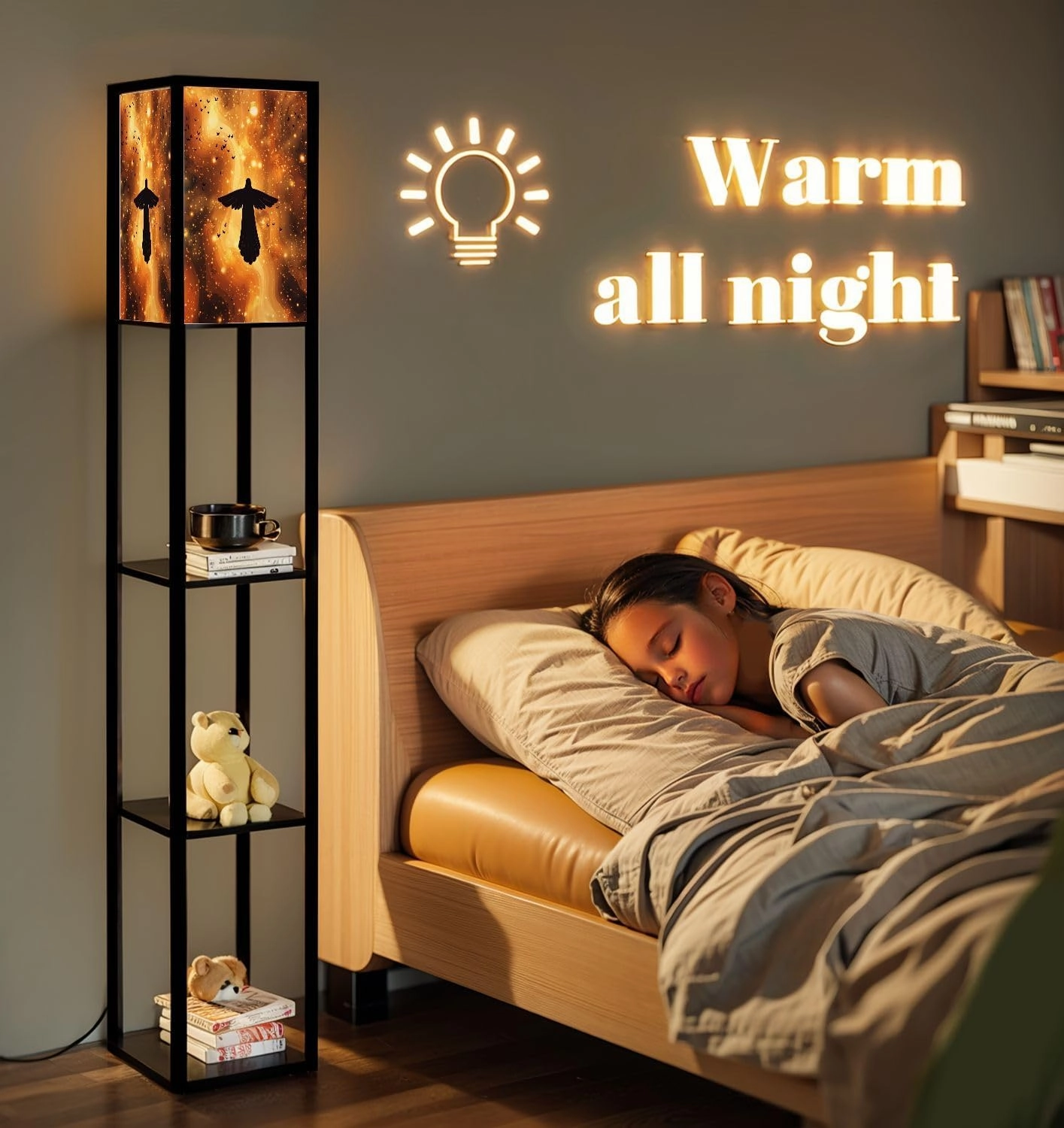 Vivid Cartoon Angel Amongst Celestial Motifs Canvas Floor Lamps with Shelves, Modern Standing Lamp Narrow Corner Display Bookshelf Lamp for Living Room, Bedroom, Office Decor