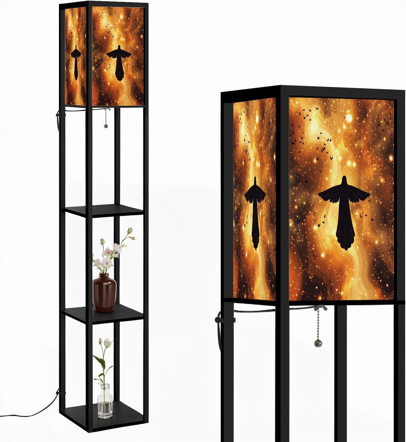 Vivid Cartoon Angel Amongst Celestial Motifs Canvas Floor Lamps with Shelves, Modern Standing Lamp Narrow Corner Display Bookshelf Lamp for Living Room, Bedroom, Office Decor