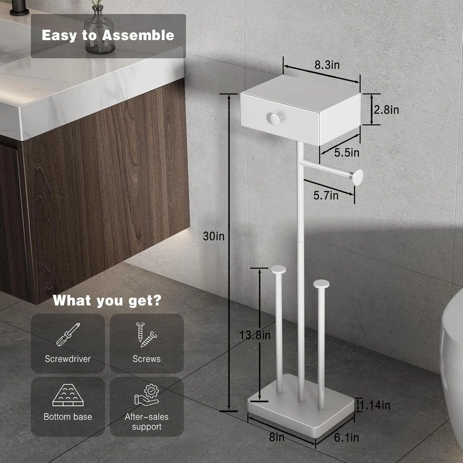 VOLDRA Toilet Paper Holder Stand with Shelf, Free Standing Toilet Paper Roll Holder with Wipes Storage Drawer Heavy Duty Floor Bathroom Tissue Holder Freestanding No Drill Tp Holder for 7 Rolls(White)