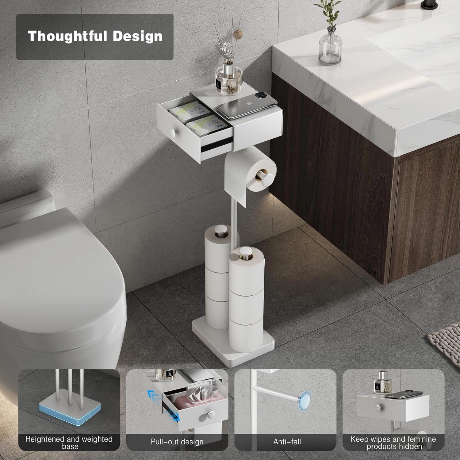VOLDRA Toilet Paper Holder Stand with Shelf, Free Standing Toilet Paper Roll Holder with Wipes Storage Drawer Heavy Duty Floor Bathroom Tissue Holder Freestanding No Drill Tp Holder for 7 Rolls(White)