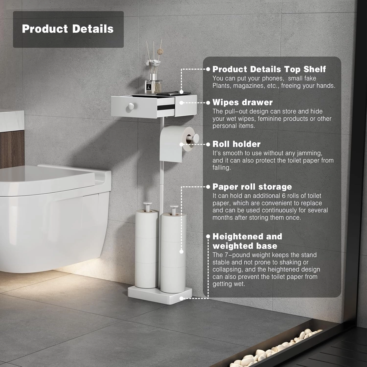 VOLDRA Toilet Paper Holder Stand with Shelf, Free Standing Toilet Paper Roll Holder with Wipes Storage Drawer Heavy Duty Floor Bathroom Tissue Holder Freestanding No Drill Tp Holder for 7 Rolls(White)