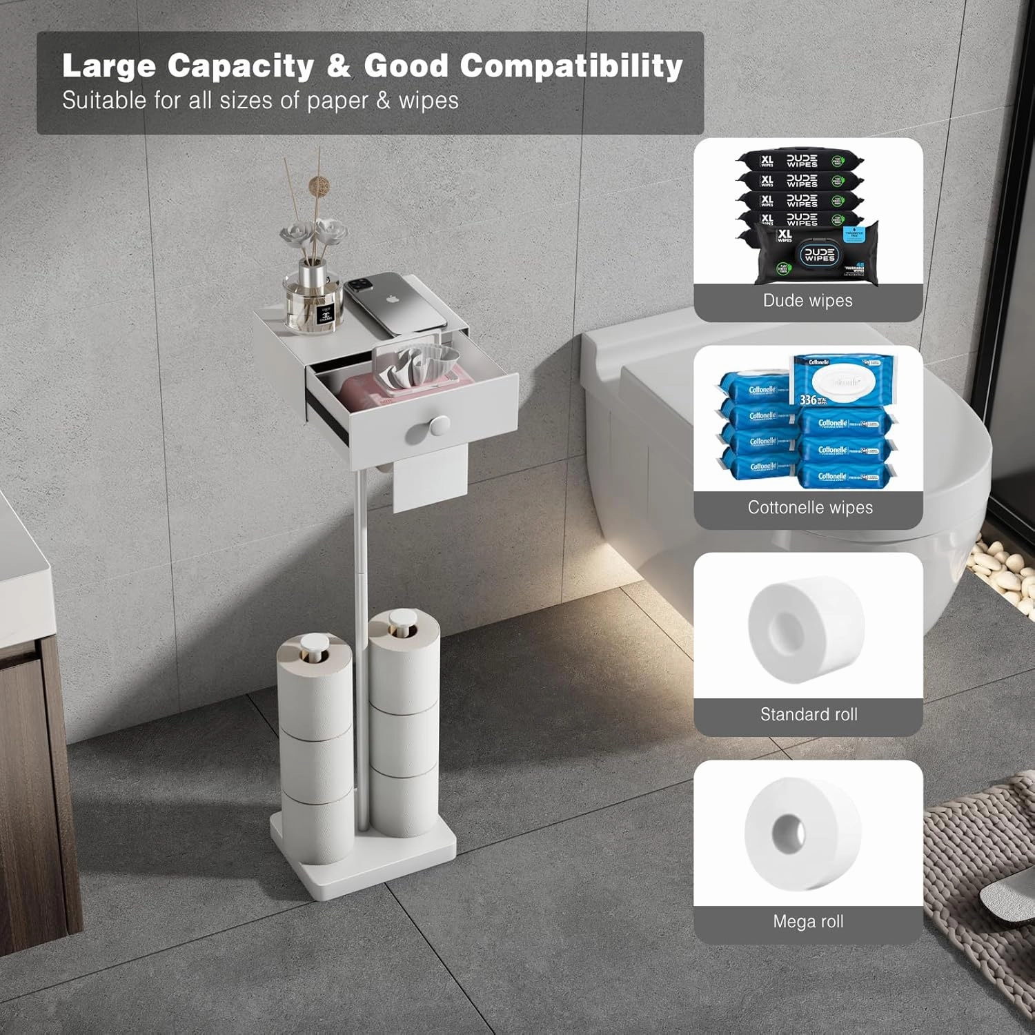 VOLDRA Toilet Paper Holder Stand with Shelf, Free Standing Toilet Paper Roll Holder with Wipes Storage Drawer Heavy Duty Floor Bathroom Tissue Holder Freestanding No Drill Tp Holder for 7 Rolls(White)