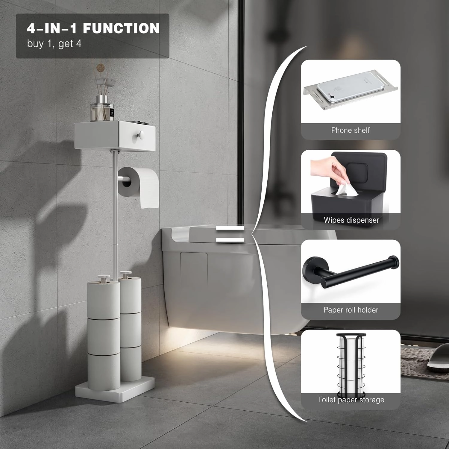 VOLDRA Toilet Paper Holder Stand with Shelf, Free Standing Toilet Paper Roll Holder with Wipes Storage Drawer Heavy Duty Floor Bathroom Tissue Holder Freestanding No Drill Tp Holder for 7 Rolls(White)
