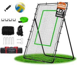 Volleyball Rebounder Net with Bungee Cords, Volleyball,Carry Bag and Neon Target, Adjustable Bounce Back Net for Practicing Volleying, Bumping, Spiking (4x7ft)