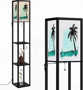 Watercolor Green Grunge Geometric Square Paint Stain Floor Lamps with Shelves, Modern Standing Lamp Narrow Corner Display Bookshelf Lamp for Living Room, Bedroom, Office Decor