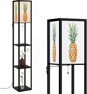Watercolor Pineapple Drawing Object White Floor Lamps with Shelves, Modern Standing Lamp Narrow Corner Display Bookshelf Lamp for Living Room, Bedroom, Office Decor
