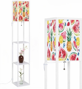 Watercolor Seamless Pattern Pineapples Watermelons Floor Lamps with Shelves, Modern Standing Lamp Narrow Corner Display Bookshelf Lamp for Living Room, Bedroom, Office Decor