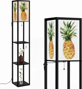 Watercolour Pineapple White Floor Lamps with Shelves, Modern Standing Lamp Narrow Corner Display Bookshelf Lamp for Living Room, Bedroom, Office Decor
