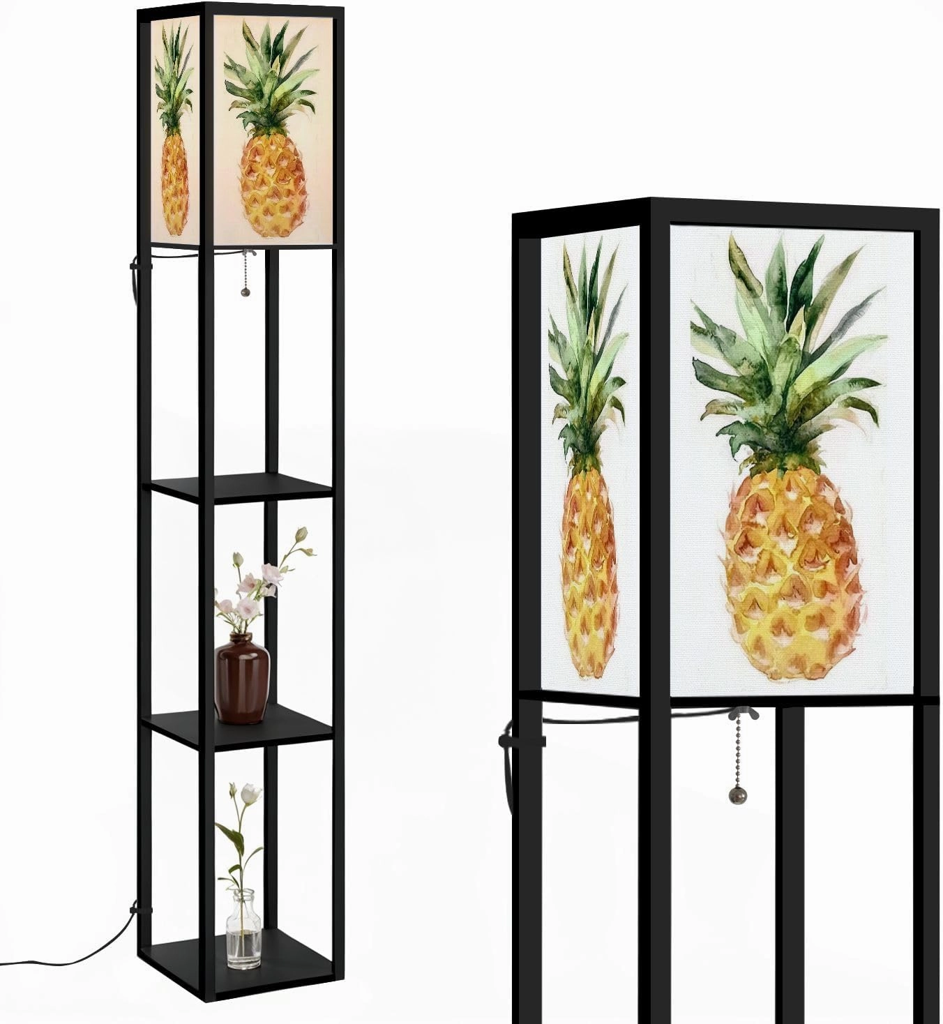 Watercolour Pineapple White Floor Lamps with Shelves, Modern Standing Lamp Narrow Corner Display Bookshelf Lamp for Living Room, Bedroom, Office Decor