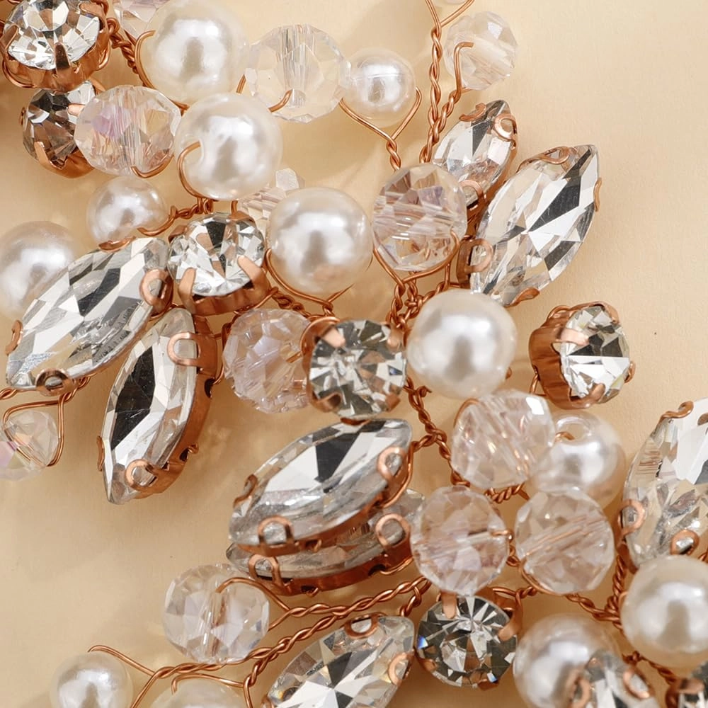 Wedding Bridal Handmade Rose Gold Crystal Headpiece Women Girls Ball Beads Hair Vine Boho Banquet Hair Accessories Jewelry (Rose Gold)