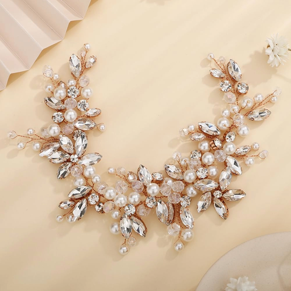 Wedding Bridal Handmade Rose Gold Crystal Headpiece Women Girls Ball Beads Hair Vine Boho Banquet Hair Accessories Jewelry (Rose Gold)